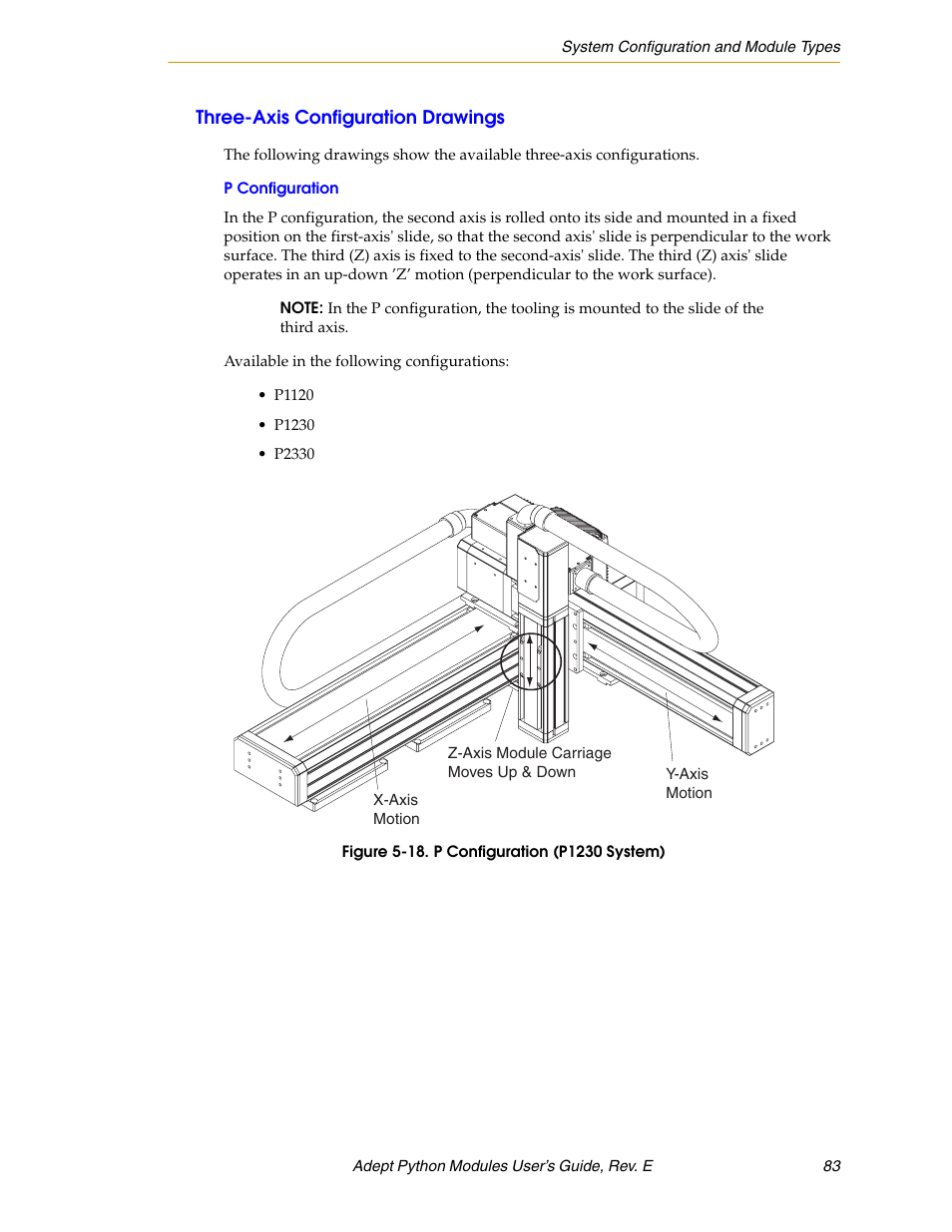 Three-axis configuration drawings, P configuration, Figure 5-18. p configuration (p1230 system) | Adept Python User Manual | Page 83 / 170