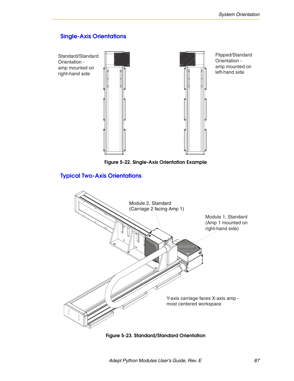 Single-axis orientations, Typical two-axis orientations, Figure 5-22. single-axis orientation example | Figure 5-23. standard/standard orientation | Adept Python User Manual | Page 87 / 170