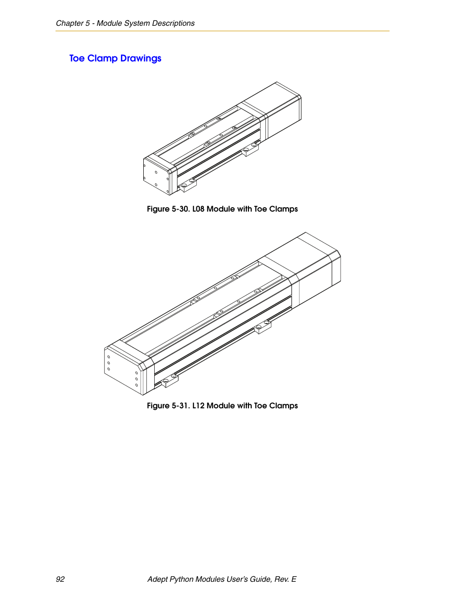 Toe clamp drawings, Figure 5-30. l08 module with toe clamps, Figure 5-31. l12 module with toe clamps | Adept Python User Manual | Page 92 / 170