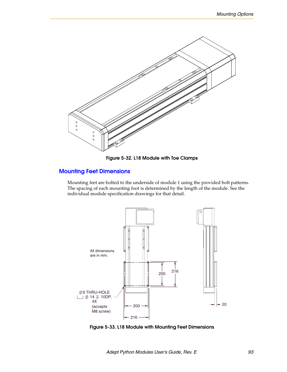 Mounting feet dimensions, Figure 5-32. l18 module with toe clamps | Adept Python User Manual | Page 93 / 170