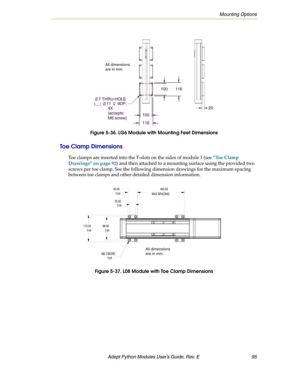 Toe clamp dimensions, Figure 5-37. l08 module with toe clamp dimensions | Adept Python User Manual | Page 95 / 170