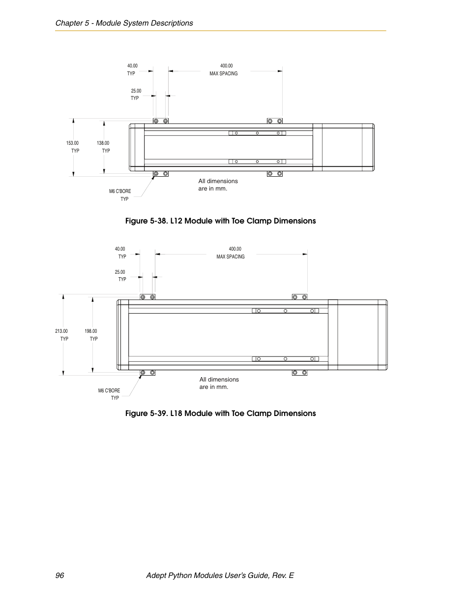 Figure 5-38. l12 module with toe clamp dimensions, Figure 5-39. l18 module with toe clamp dimensions | Adept Python User Manual | Page 96 / 170
