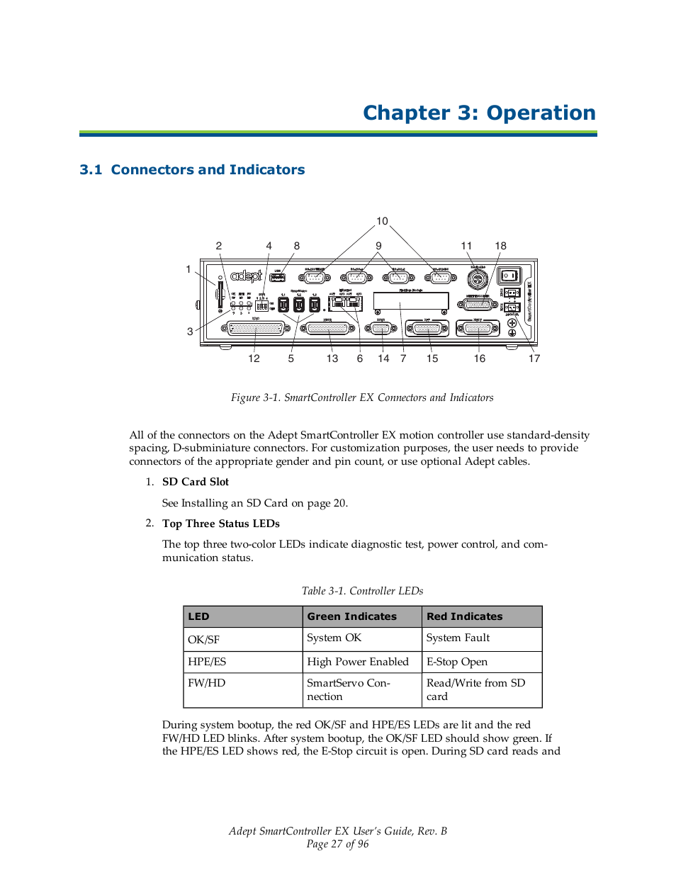 Chapter 3: operation, 1 connectors and indicators | Adept EX SmartContoller User Manual | Page 27 / 96