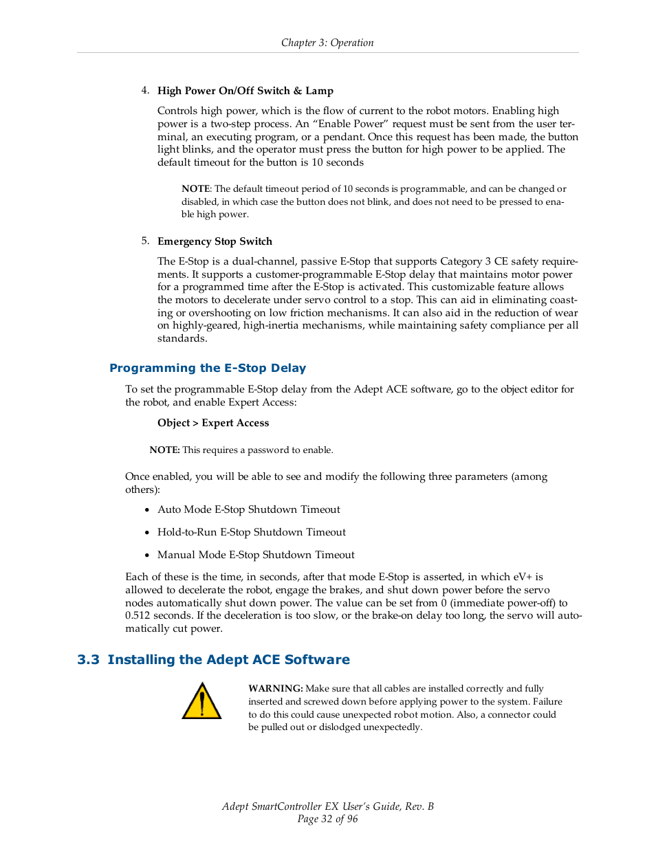 Programming the e-stop delay, 3 installing the adept ace software | Adept EX SmartContoller User Manual | Page 32 / 96