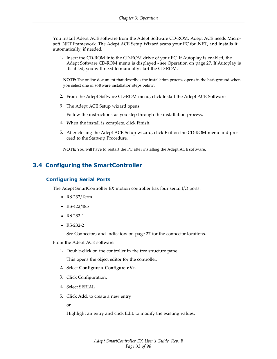 4 configuring the smartcontroller, Configuring serial ports | Adept EX SmartContoller User Manual | Page 33 / 96