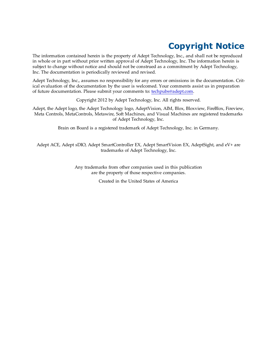 Copyright notice | Adept EX SmartContoller User Manual | Page 4 / 96