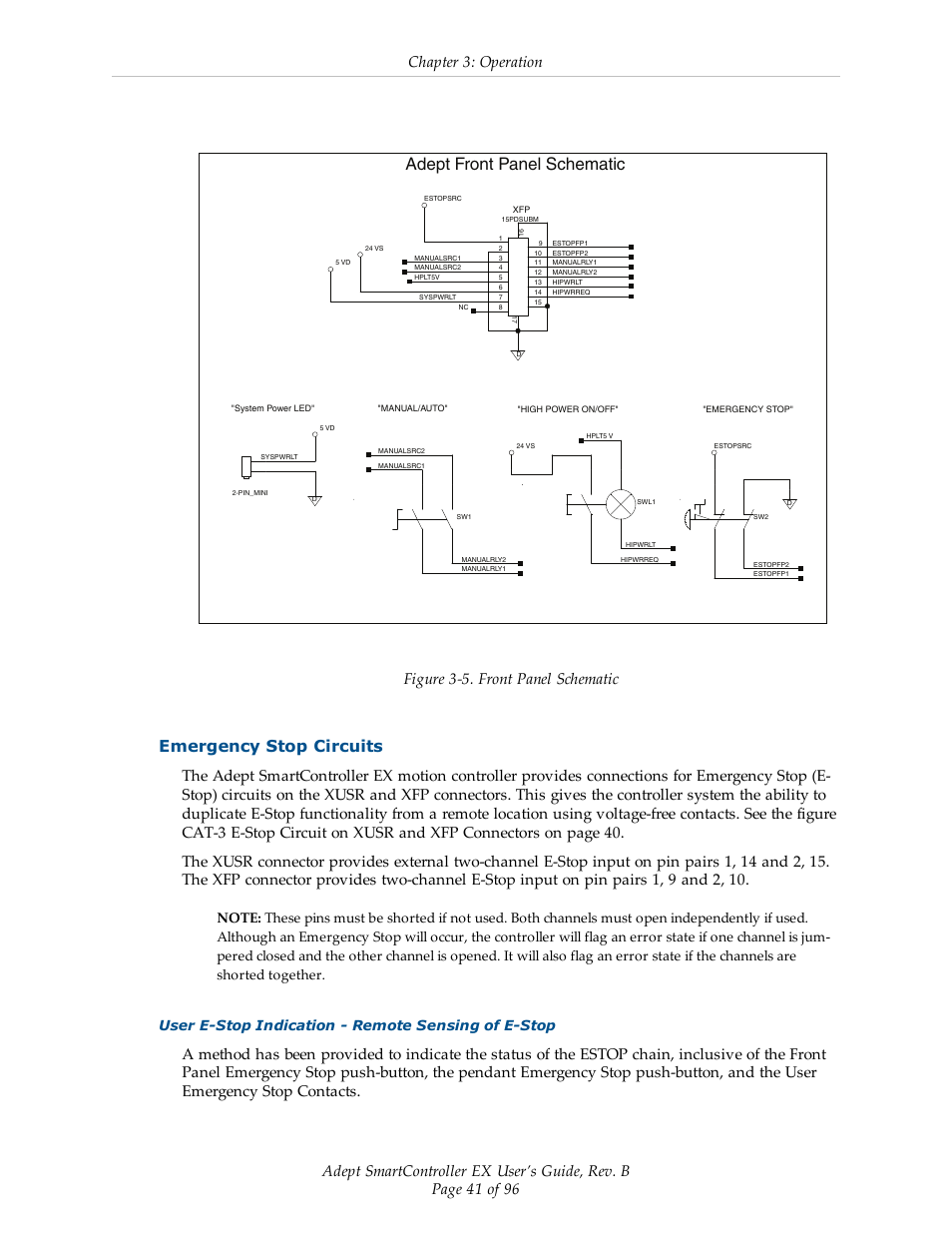 Emergency stop circuits, Adept front panel schematic, Chapter 3: operation | Figure 3-5. front panel schematic | Adept EX SmartContoller User Manual | Page 41 / 96