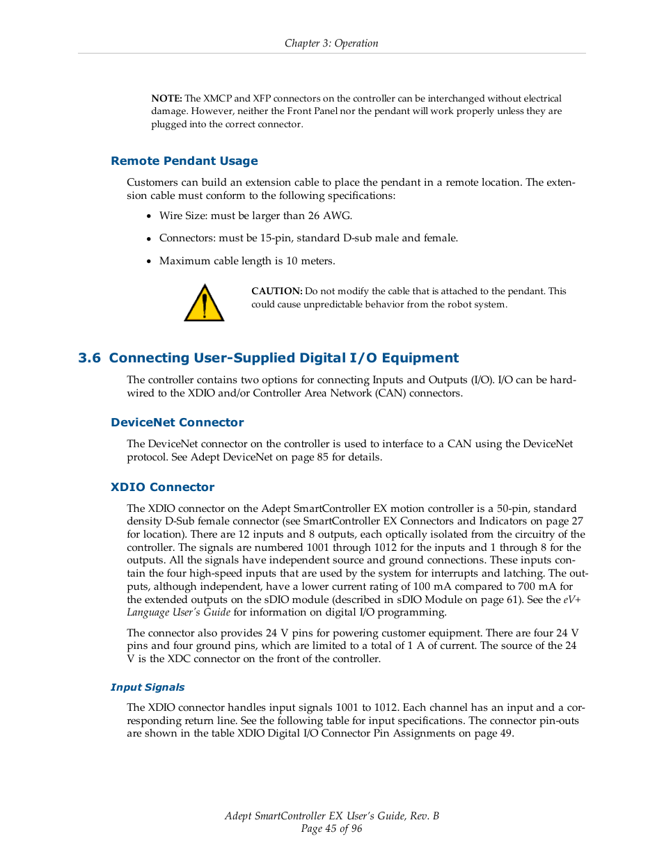 Remote pendant usage, 6 connecting user-supplied digital i/o equipment, Devicenet connector | Xdio connector | Adept EX SmartContoller User Manual | Page 45 / 96