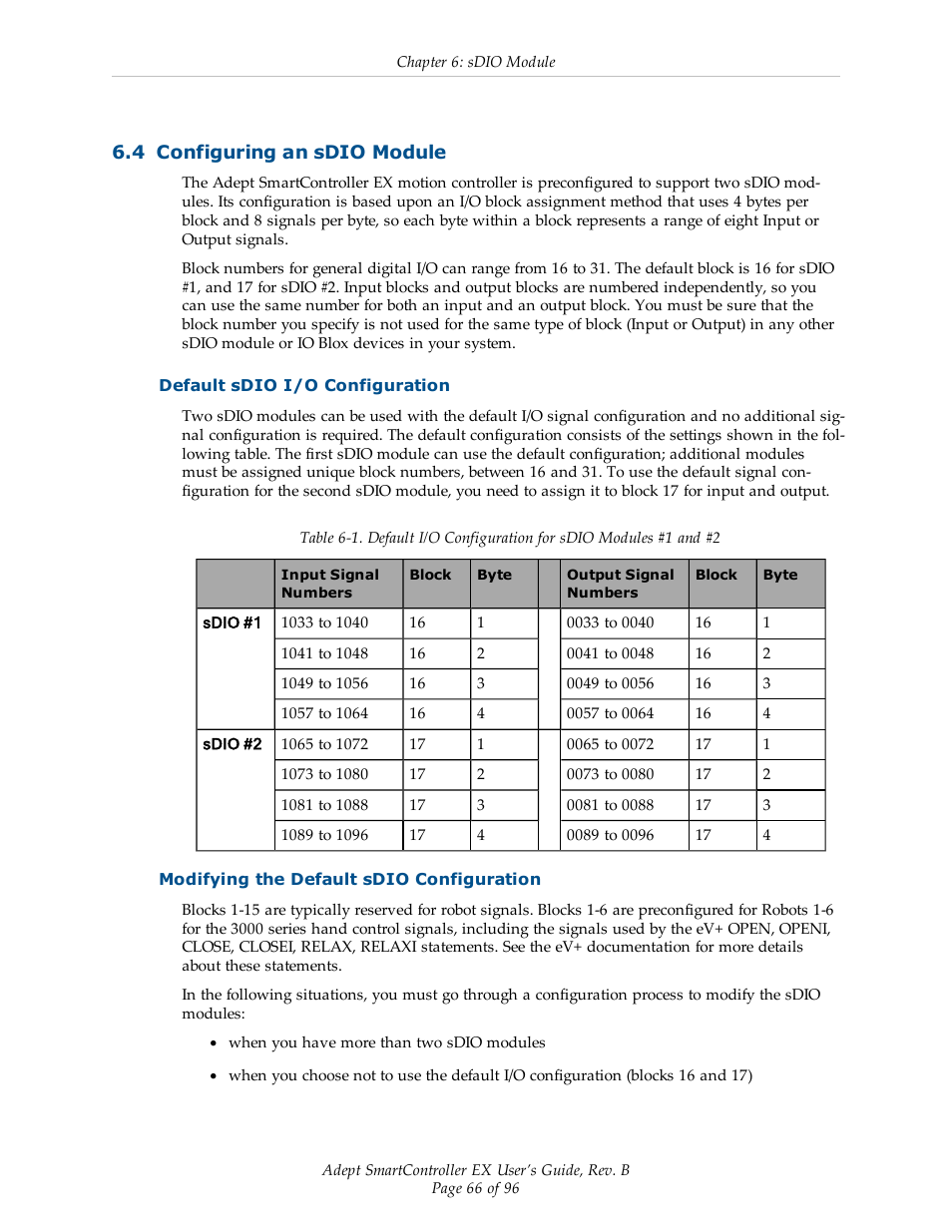 4 configuring an sdio module, Default sdio i/o configuration, Modifying the default sdio configuration | Adept EX SmartContoller User Manual | Page 66 / 96