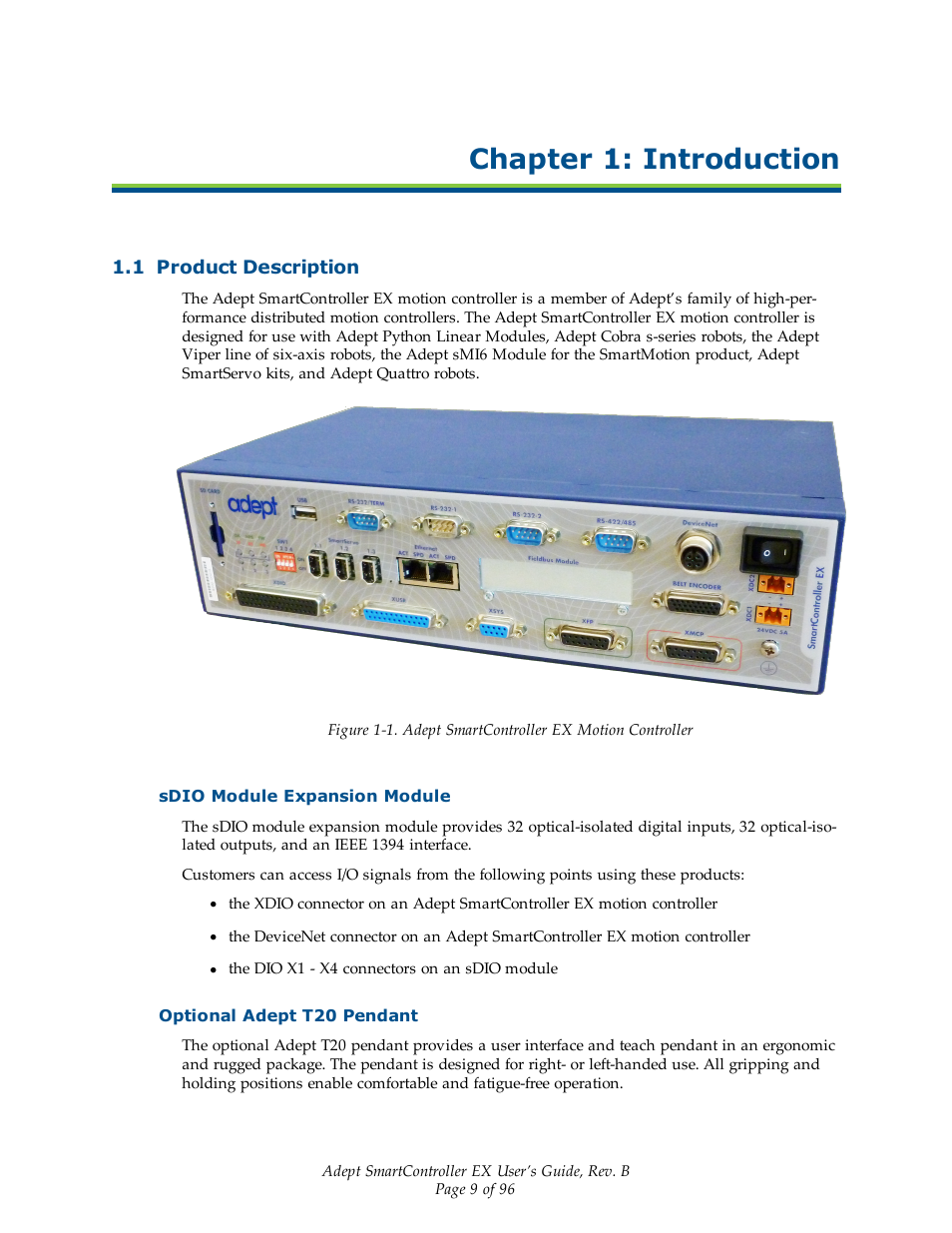 Chapter 1: introduction, 1 product description, Sdio module expansion module | Optional adept t20 pendant | Adept EX SmartContoller User Manual | Page 9 / 96