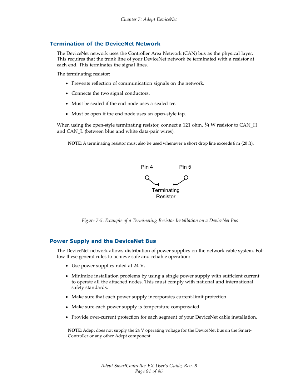 Termination of the devicenet network, Power supply and the devicenet bus | Adept EX SmartContoller User Manual | Page 91 / 96