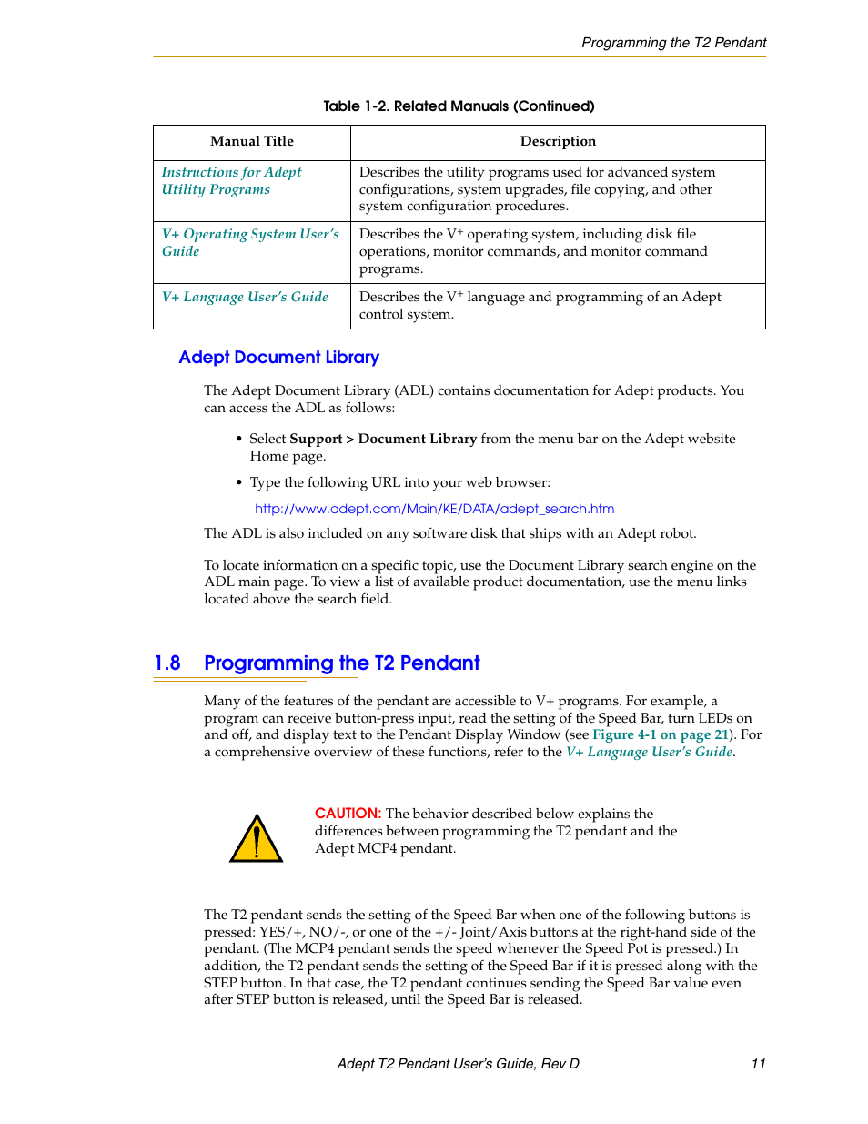 Adept document library, 8 programming the t2 pendant | Adept T2 Pendant User Manual | Page 11 / 50