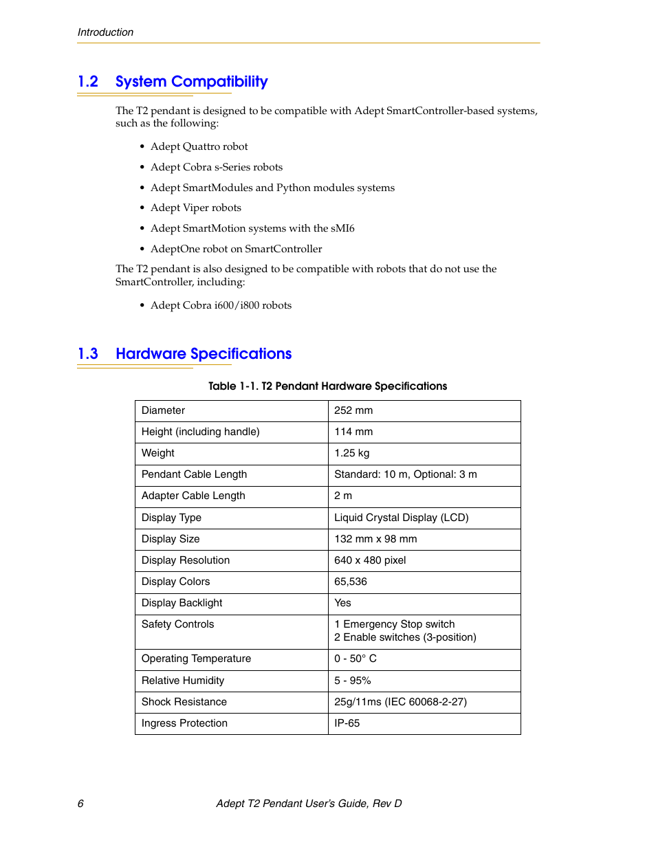2 system compatibility, 3 hardware specifications | Adept T2 Pendant User Manual | Page 6 / 50