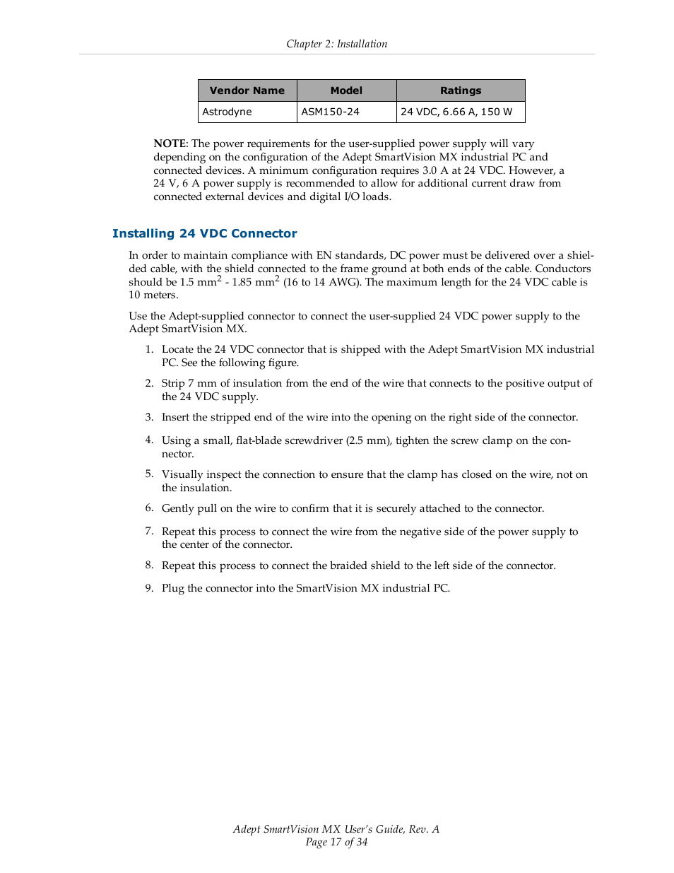 Installing 24 vdc connector | Adept Smart Vision MX User Manual | Page 17 / 34