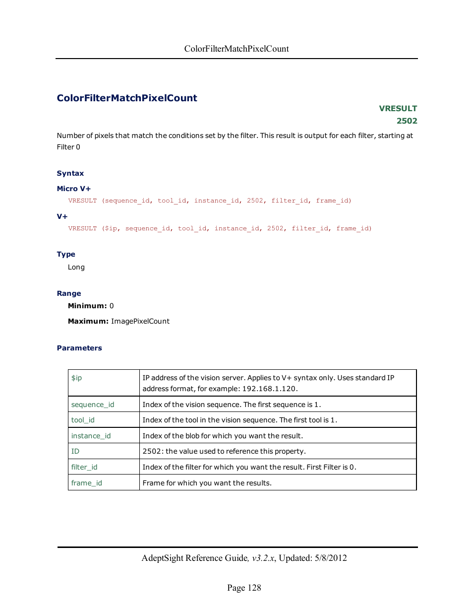 Colorfiltermatchpixelcount | Adept AdeptSight Reference Guide User Manual | Page 128 / 579