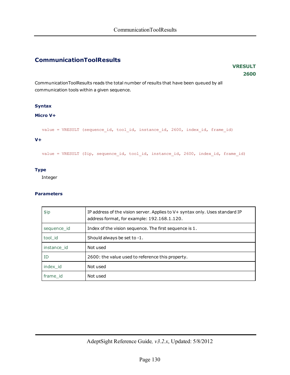 Communicationtoolresults | Adept AdeptSight Reference Guide User Manual | Page 130 / 579