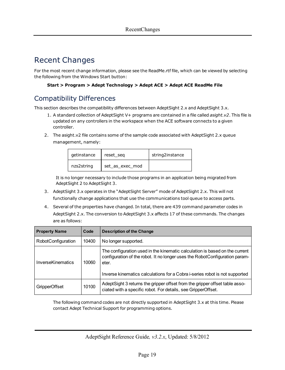 Recent changes, Compatibility differences | Adept AdeptSight Reference Guide User Manual | Page 19 / 579