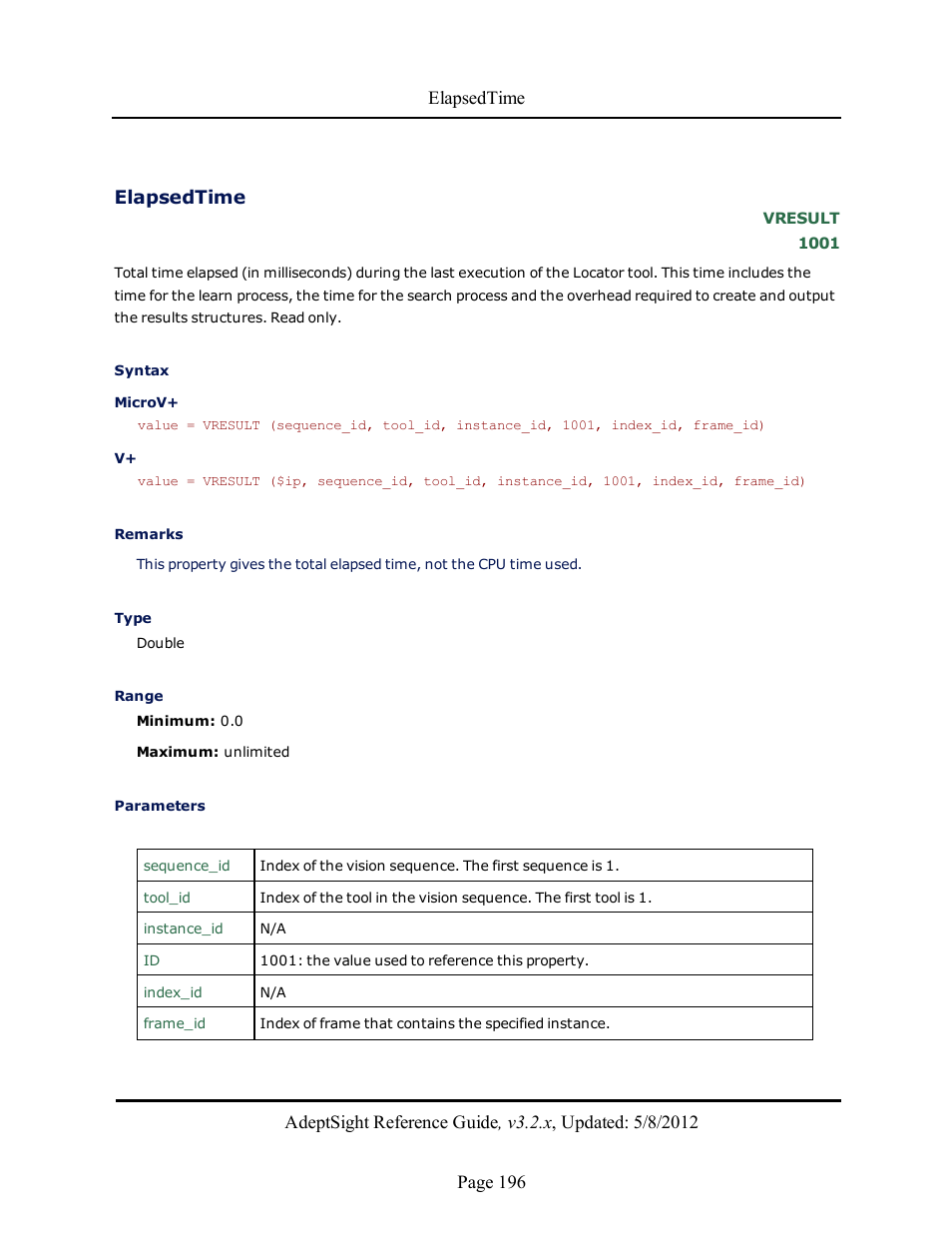 Elapsedtime | Adept AdeptSight Reference Guide User Manual | Page 196 / 579