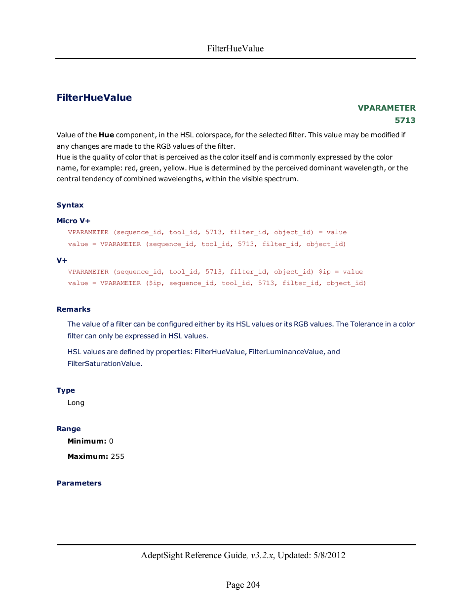 Filterhuevalue | Adept AdeptSight Reference Guide User Manual | Page 204 / 579