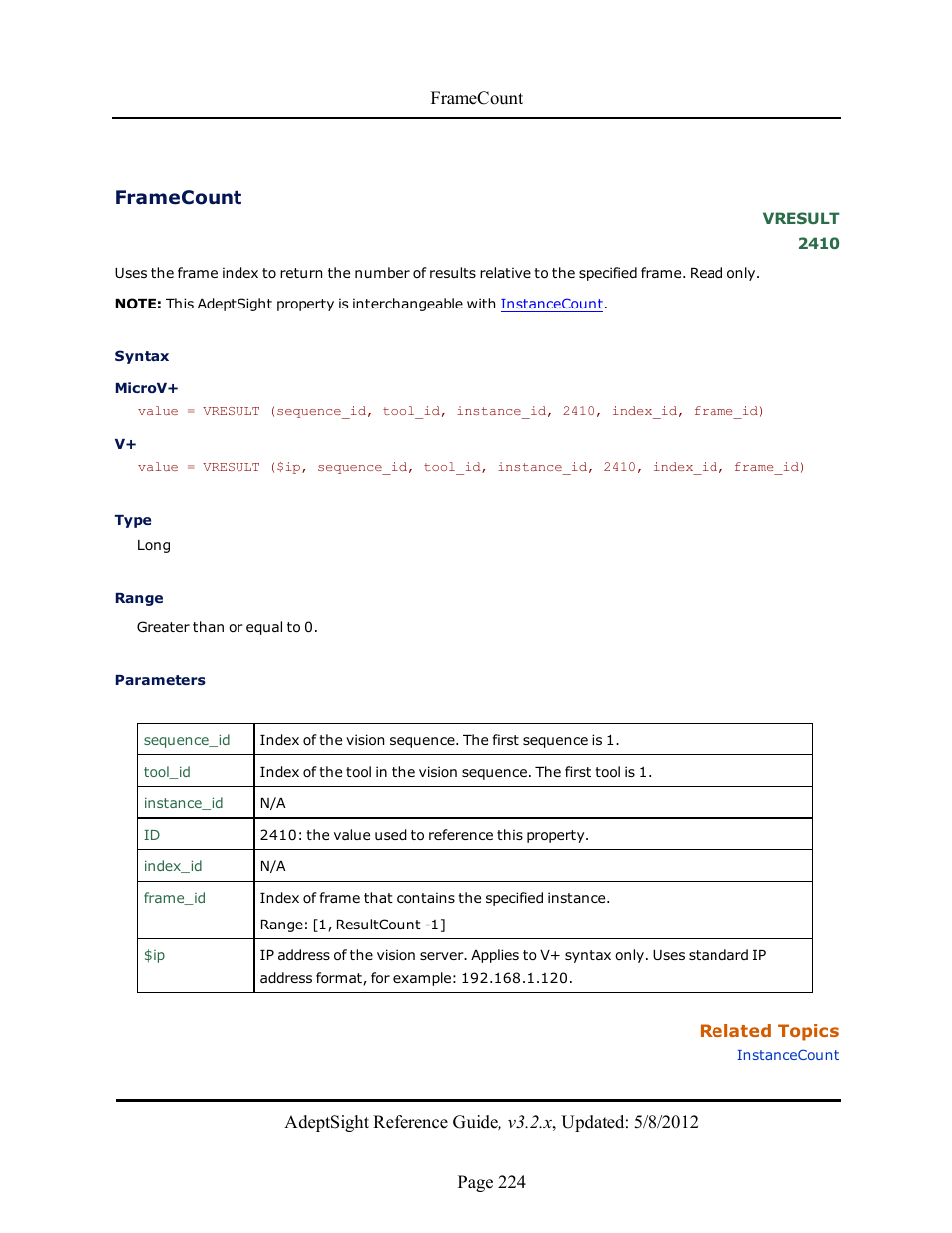 Framecount | Adept AdeptSight Reference Guide User Manual | Page 224 / 579