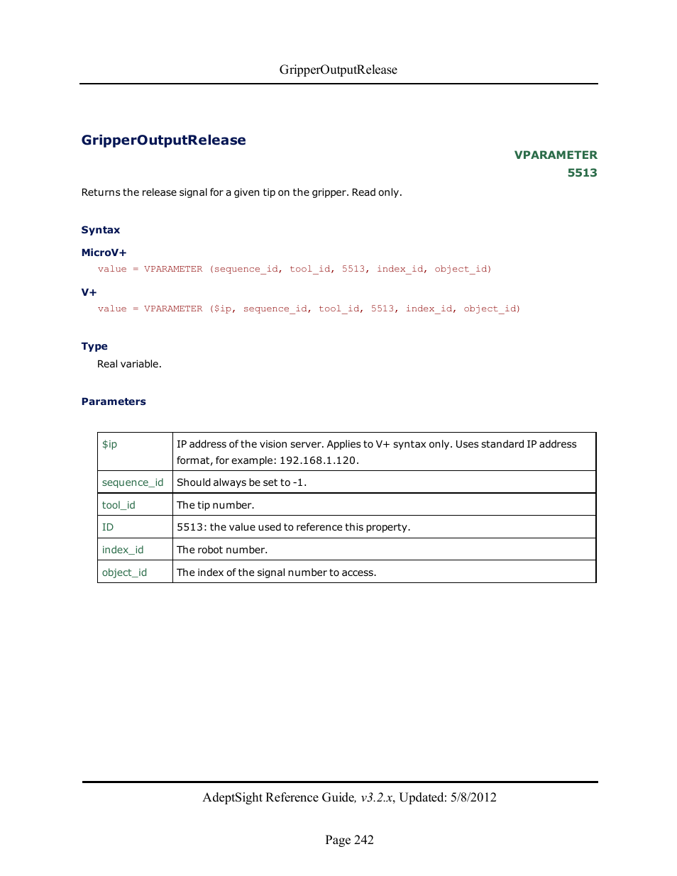 Gripperoutputrelease | Adept AdeptSight Reference Guide User Manual | Page 242 / 579