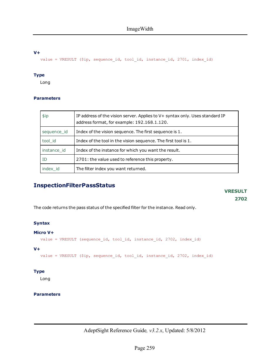 Inspectionfilterpassstatus | Adept AdeptSight Reference Guide User Manual | Page 259 / 579