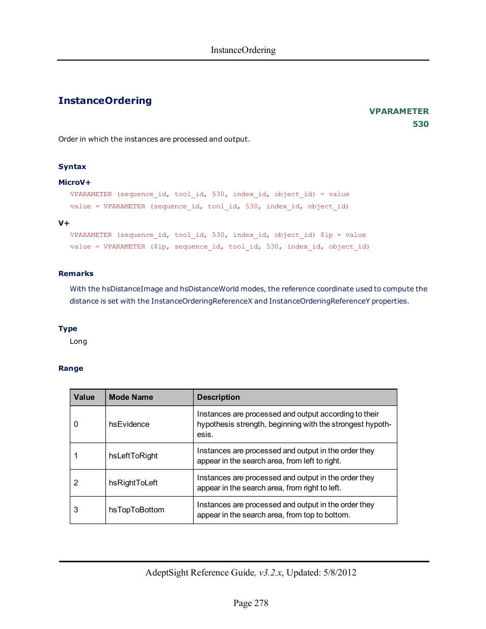 Instanceordering | Adept AdeptSight Reference Guide User Manual | Page 278 / 579