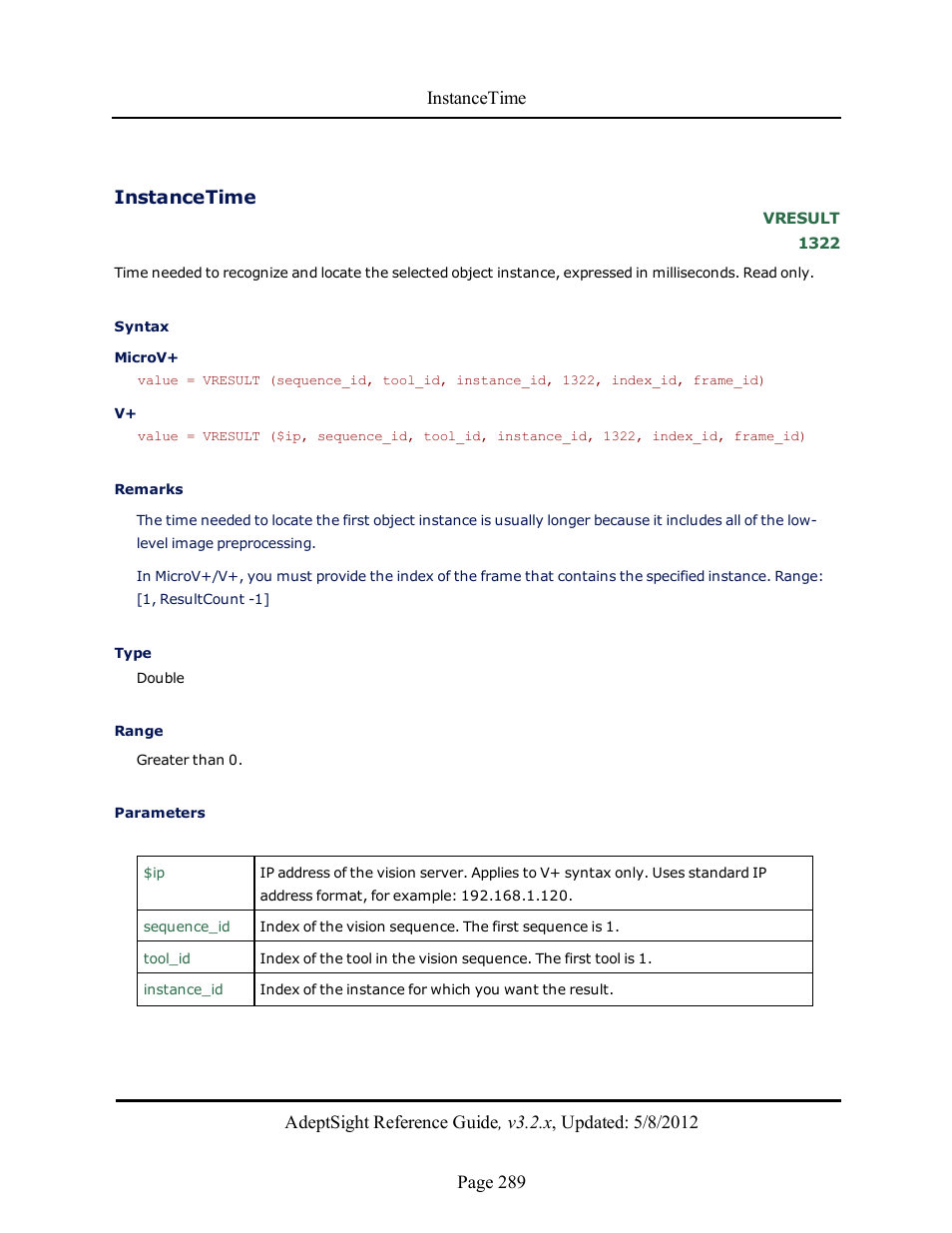 Instancetime | Adept AdeptSight Reference Guide User Manual | Page 289 / 579