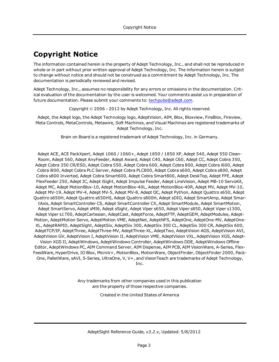 Copyright notice | Adept AdeptSight Reference Guide User Manual | Page 3 / 579