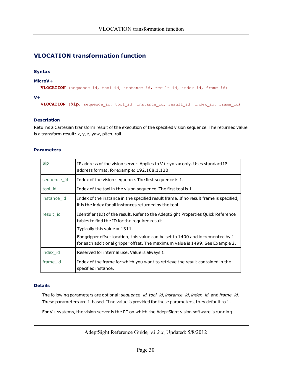 Vlocation transformation function | Adept AdeptSight Reference Guide User Manual | Page 30 / 579