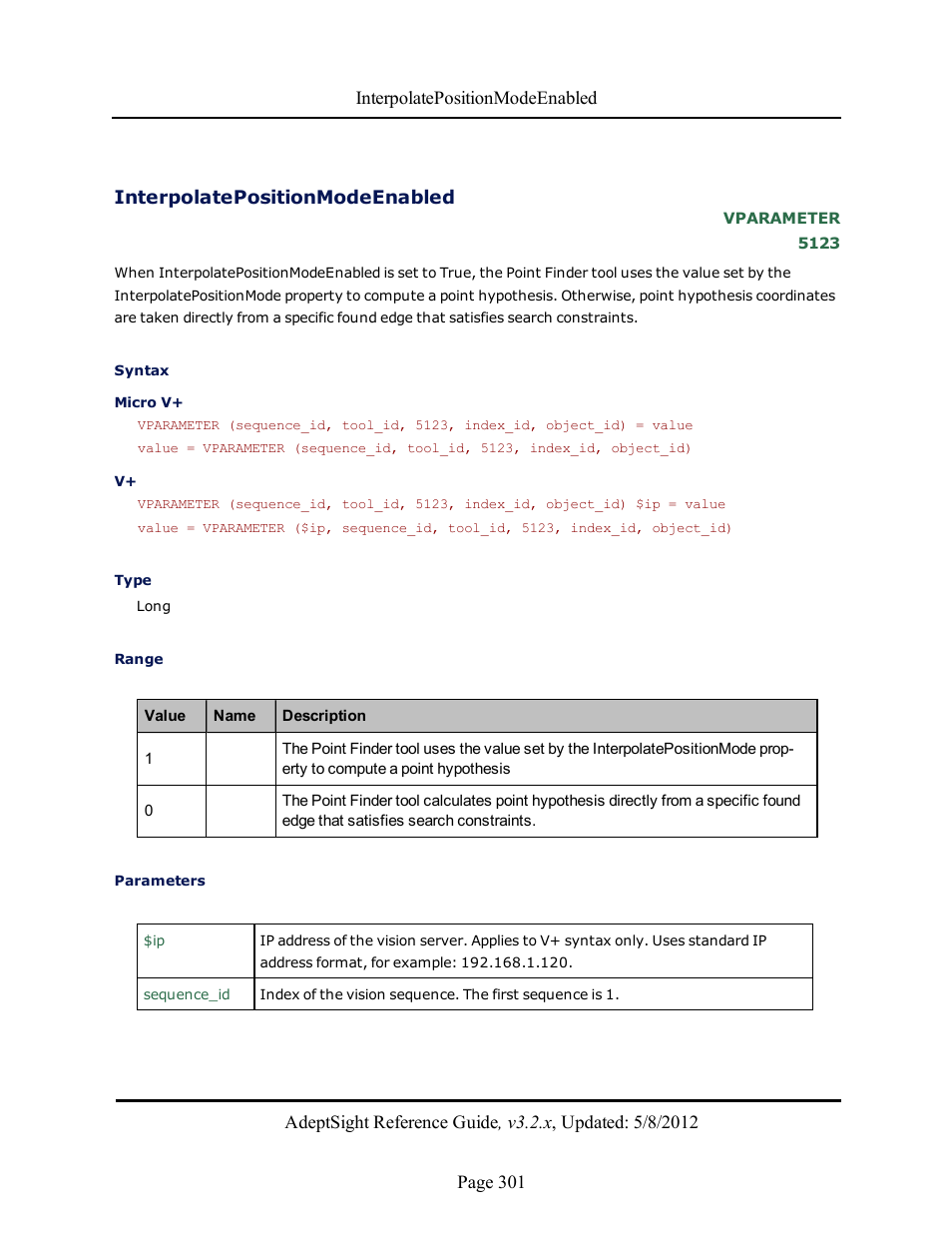 Interpolatepositionmodeenabled | Adept AdeptSight Reference Guide User Manual | Page 301 / 579