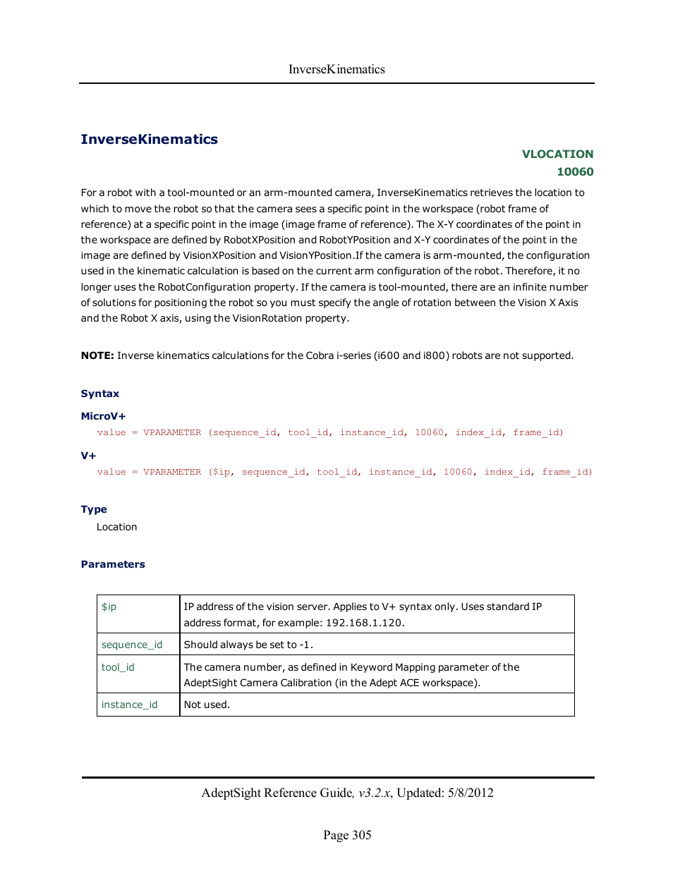 Inversekinematics | Adept AdeptSight Reference Guide User Manual | Page 305 / 579