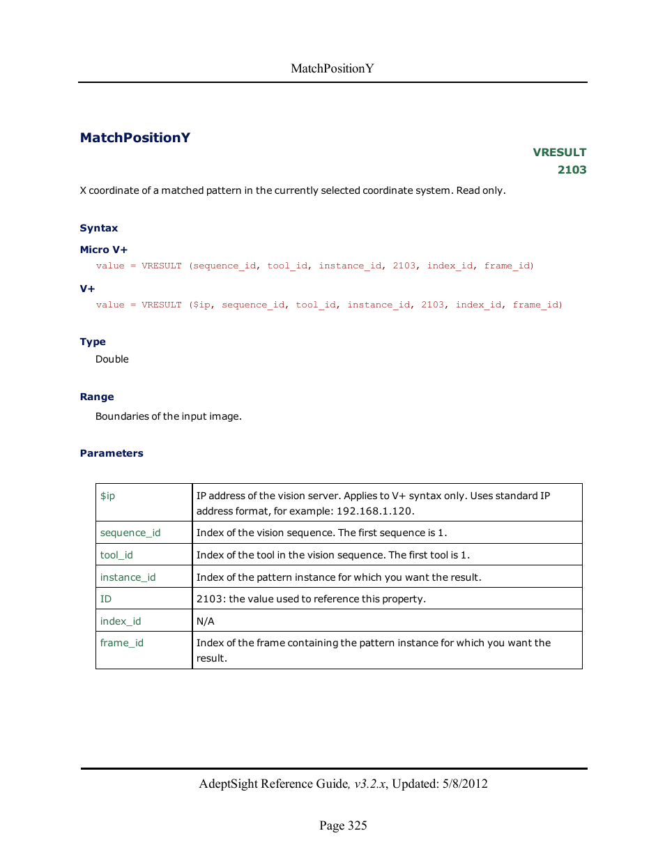 Matchpositiony | Adept AdeptSight Reference Guide User Manual | Page 325 / 579