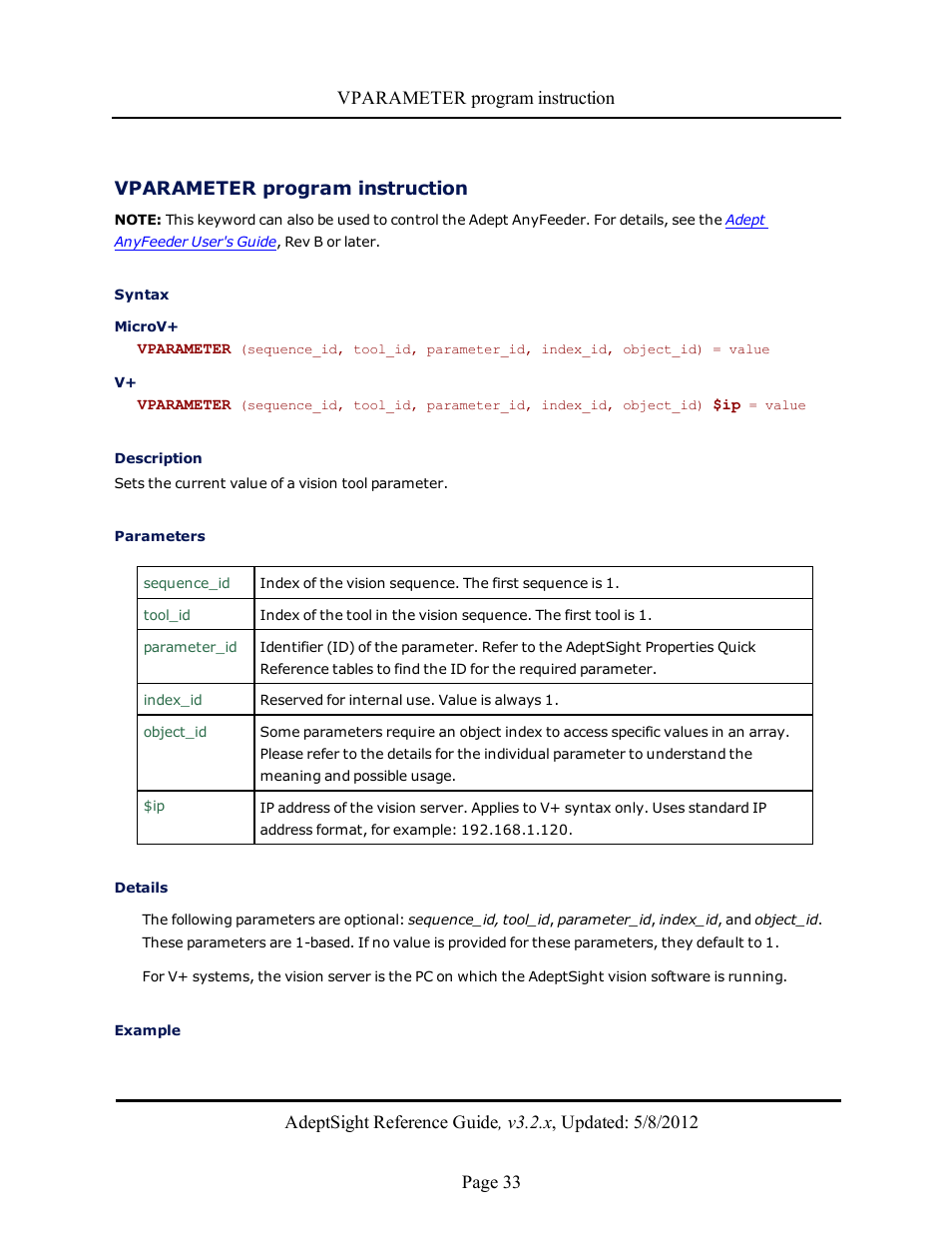 Vparameter program instruction | Adept AdeptSight Reference Guide User Manual | Page 33 / 579