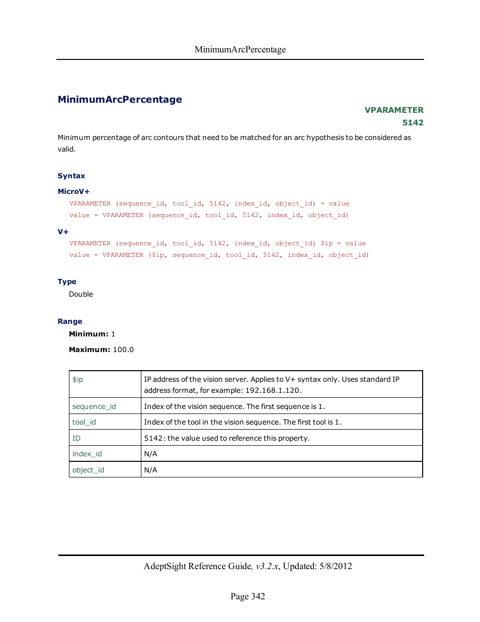 Minimumarcpercentage | Adept AdeptSight Reference Guide User Manual | Page 342 / 579