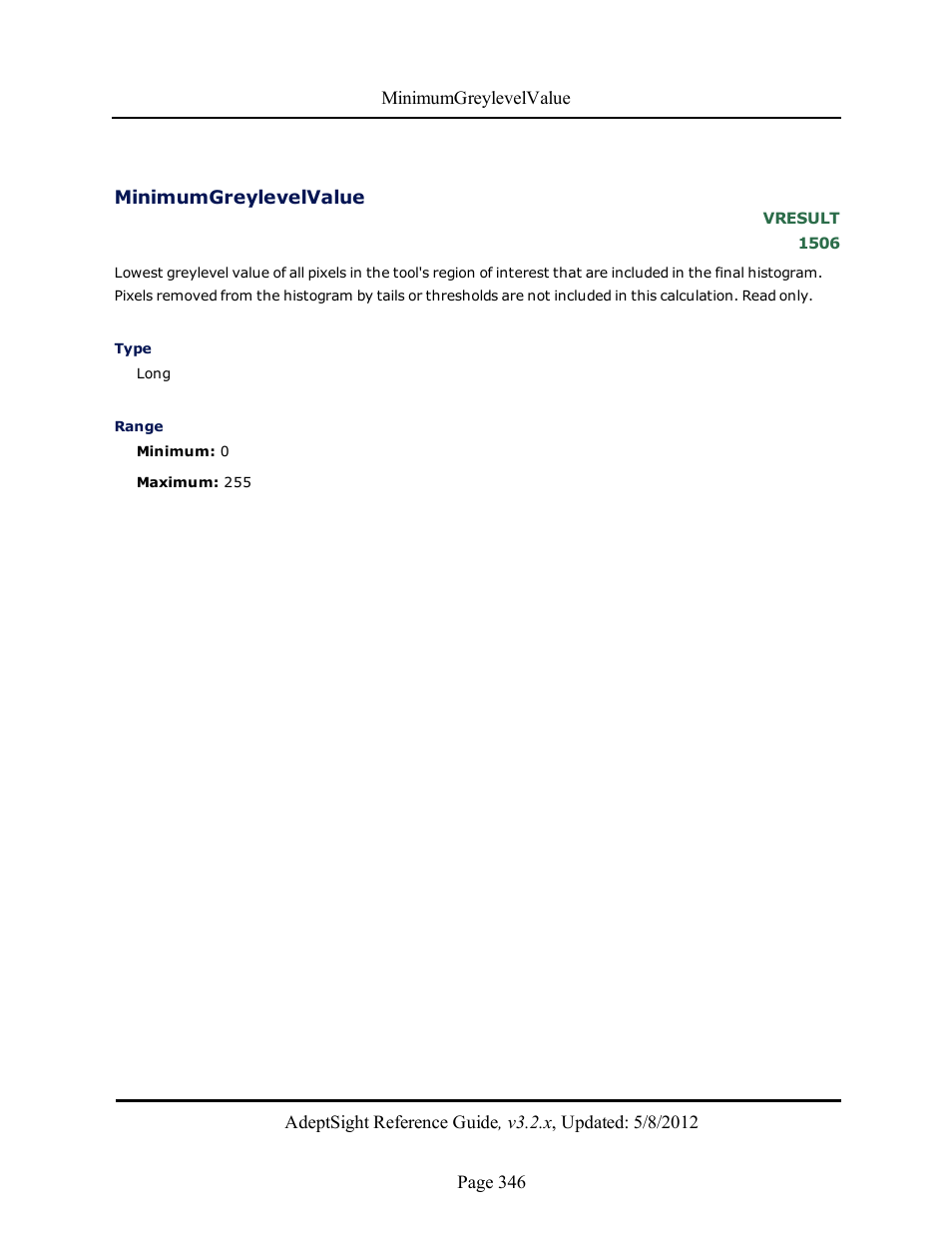 Minimumgreylevelvalue | Adept AdeptSight Reference Guide User Manual | Page 346 / 579