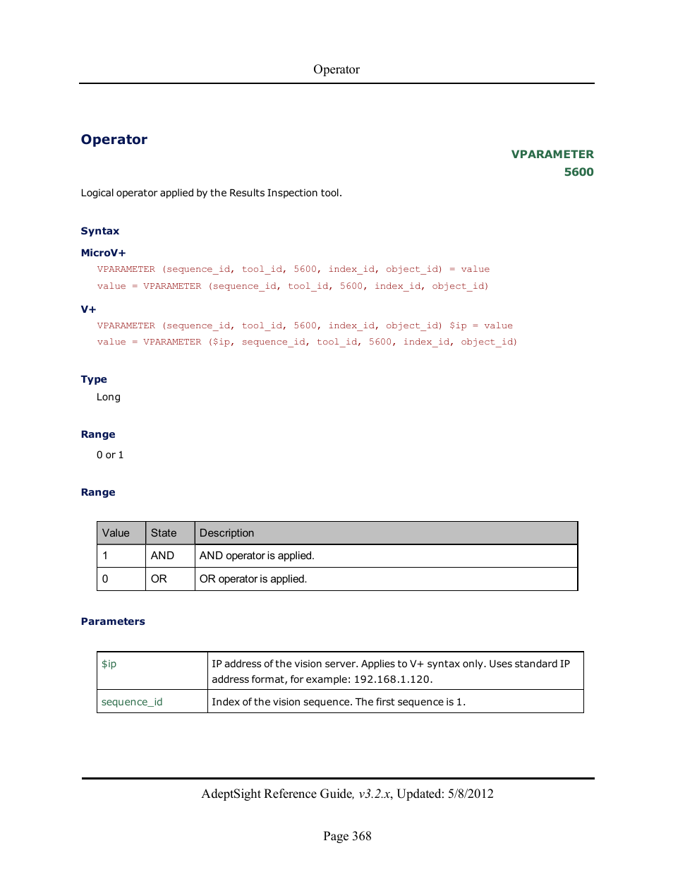 Operator | Adept AdeptSight Reference Guide User Manual | Page 368 / 579