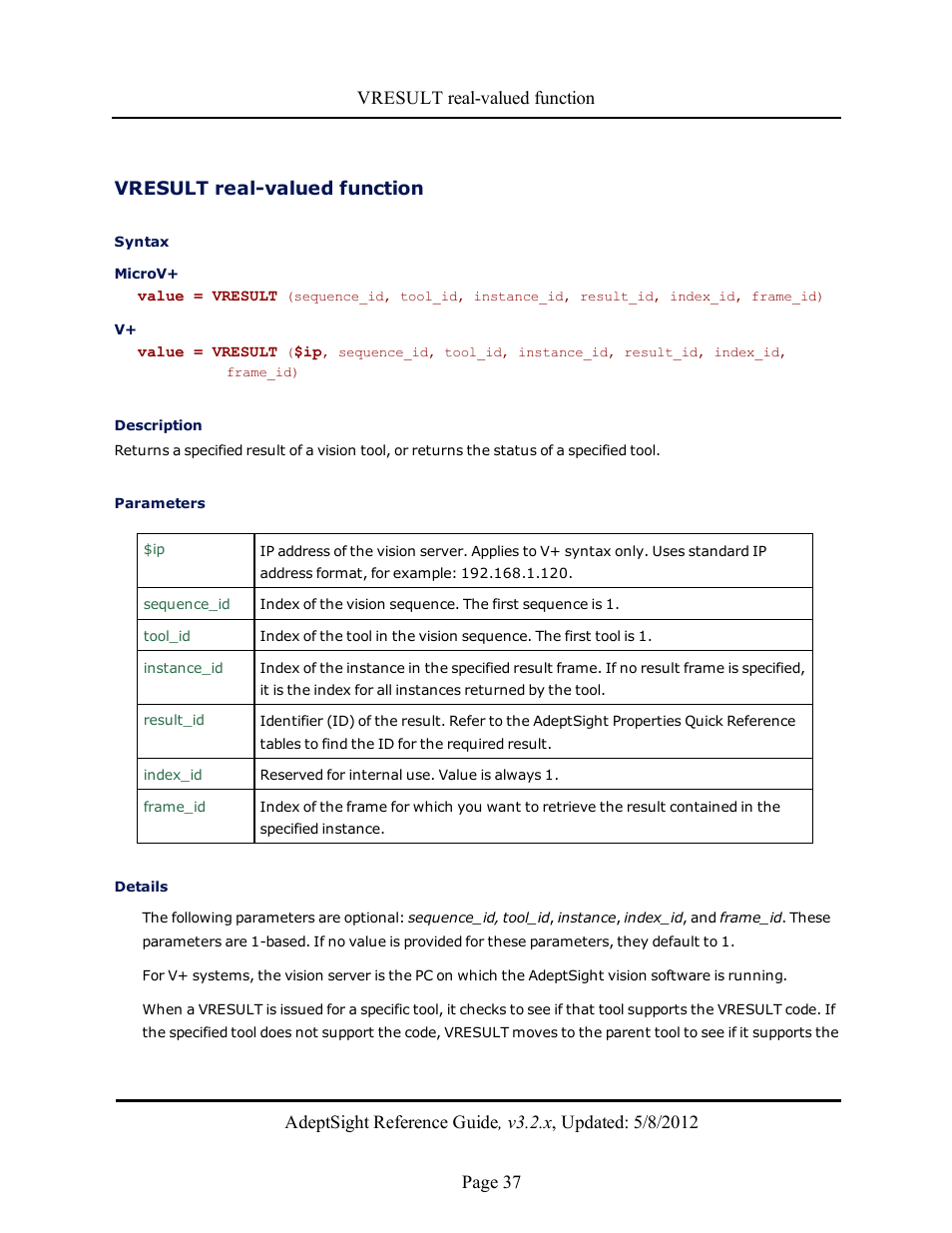 Vresult real-valued function | Adept AdeptSight Reference Guide User Manual | Page 37 / 579