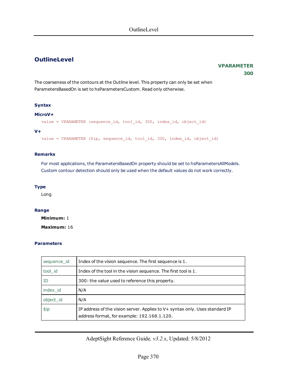 Outlinelevel | Adept AdeptSight Reference Guide User Manual | Page 370 / 579