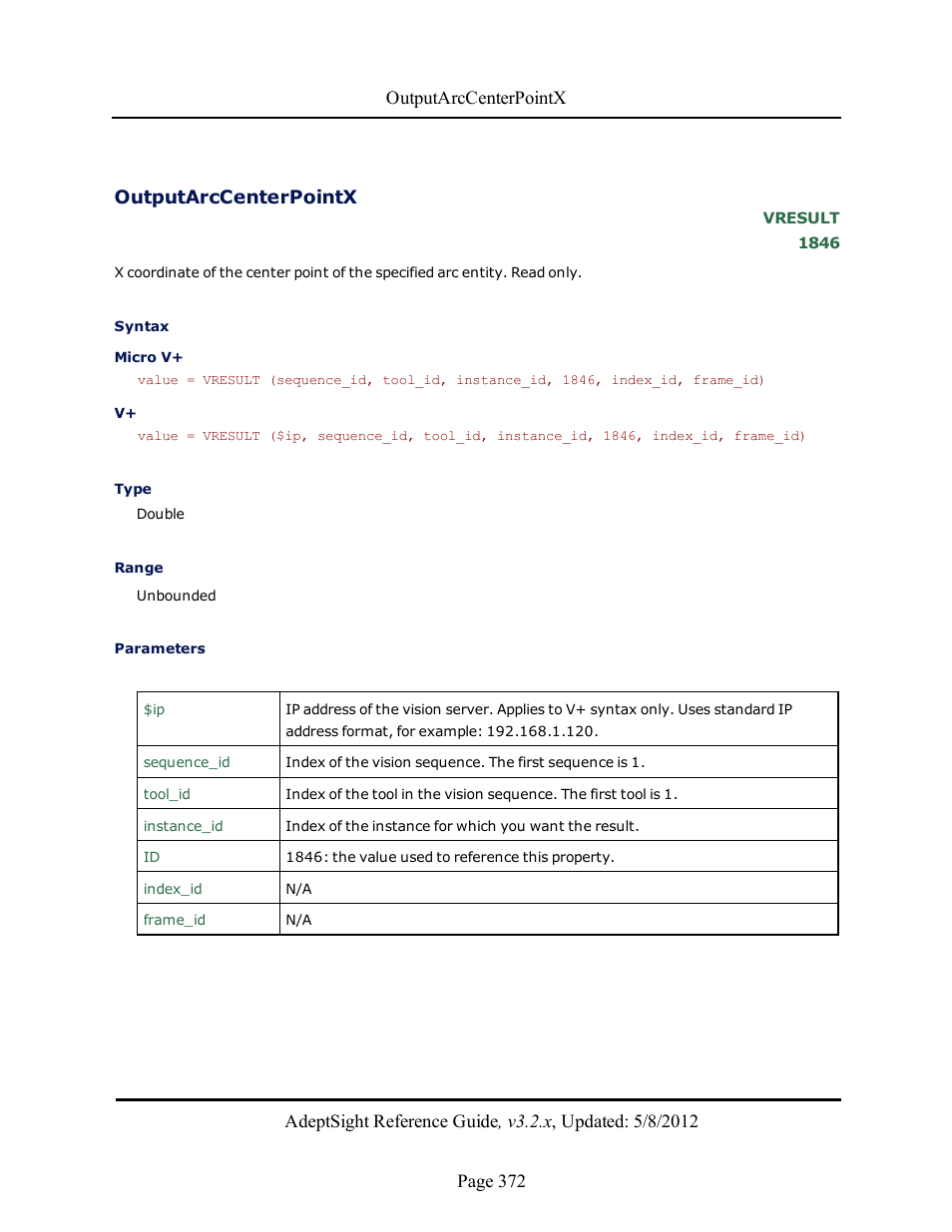 Outputarccenterpointx | Adept AdeptSight Reference Guide User Manual | Page 372 / 579