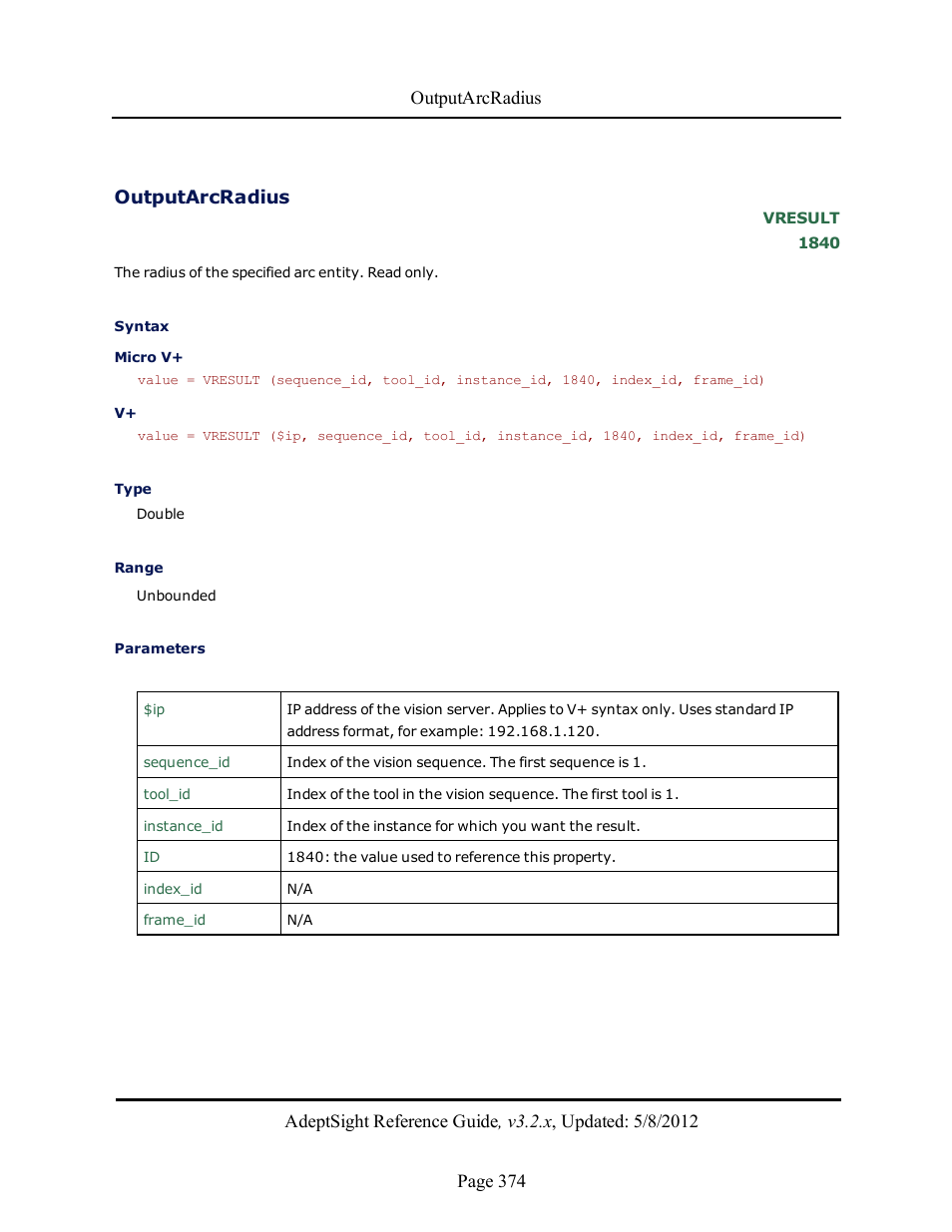 Outputarcradius | Adept AdeptSight Reference Guide User Manual | Page 374 / 579