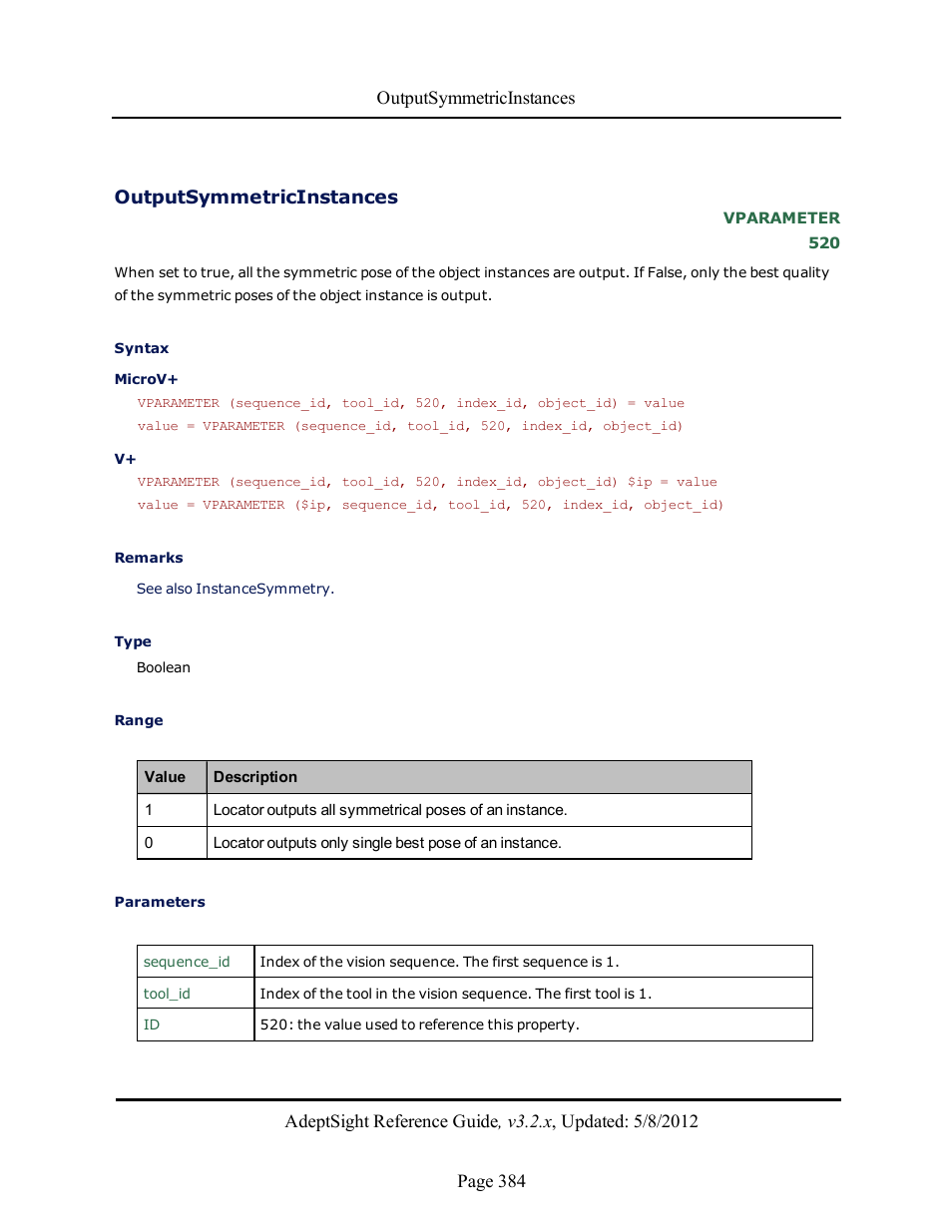 Outputsymmetricinstances | Adept AdeptSight Reference Guide User Manual | Page 384 / 579