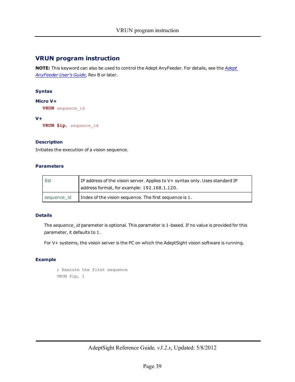 Vrun program instruction | Adept AdeptSight Reference Guide User Manual | Page 39 / 579