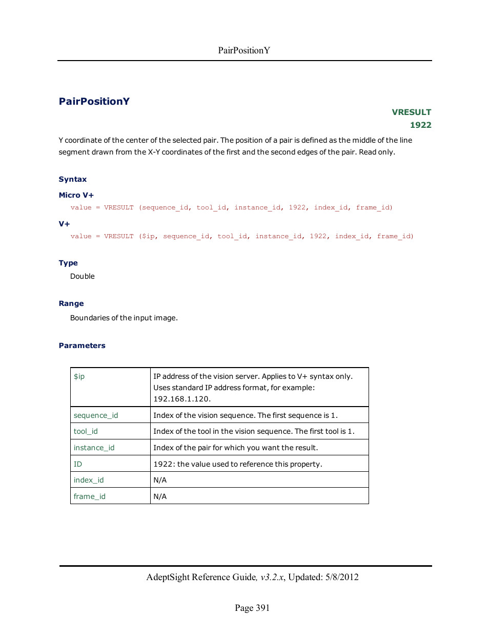 Pairpositiony | Adept AdeptSight Reference Guide User Manual | Page 391 / 579