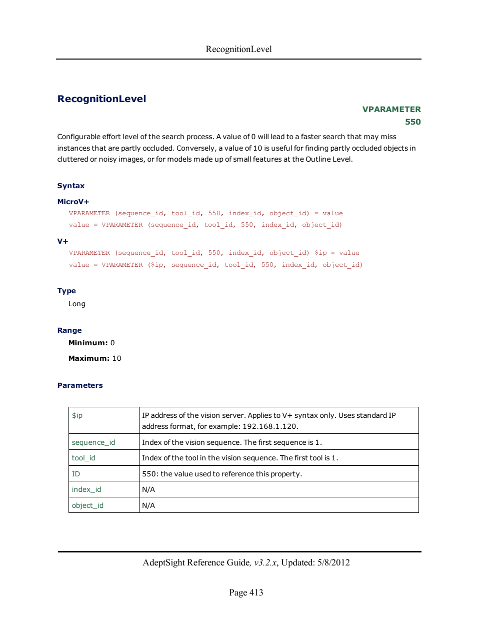 Recognitionlevel | Adept AdeptSight Reference Guide User Manual | Page 413 / 579