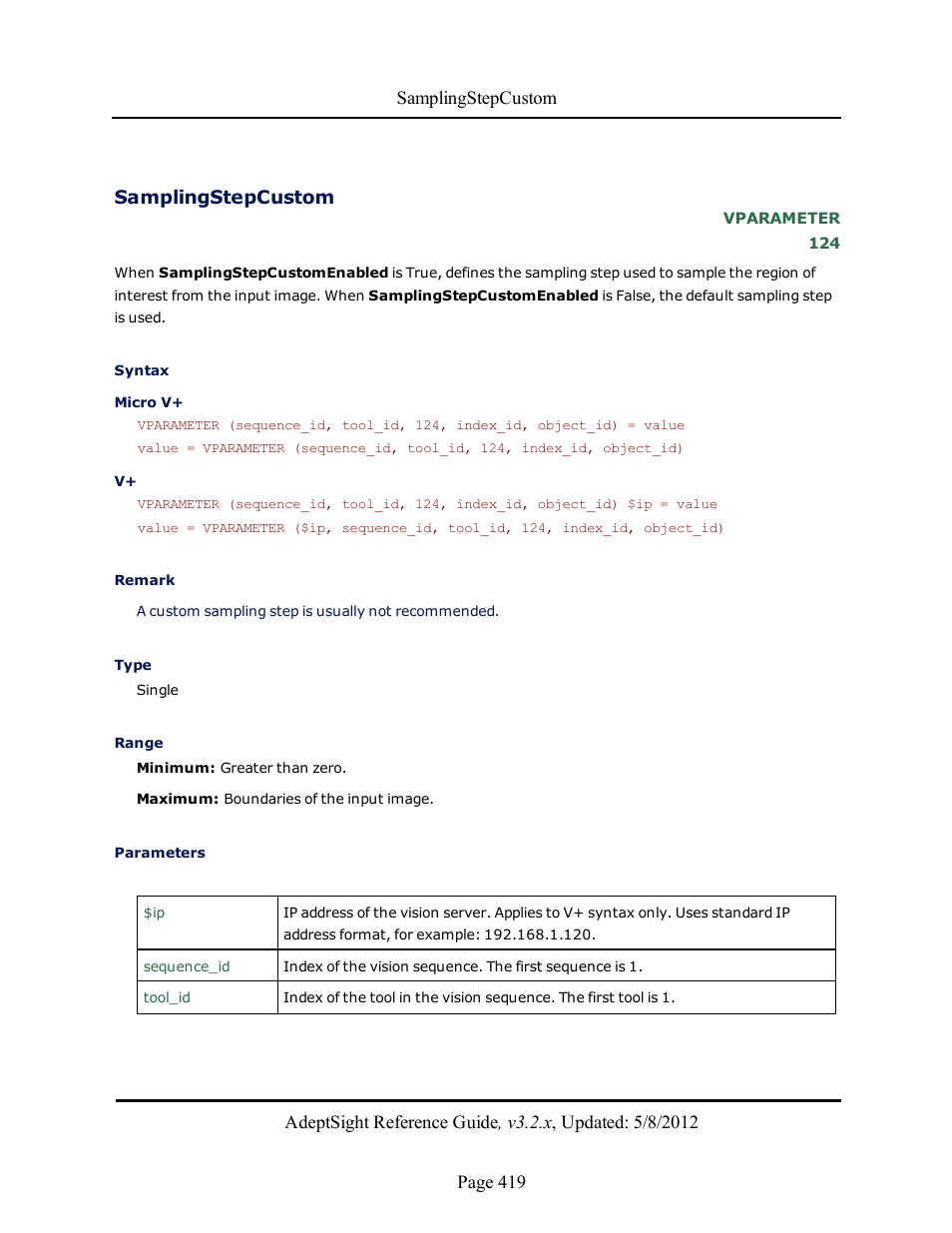 Samplingstepcustom | Adept AdeptSight Reference Guide User Manual | Page 419 / 579