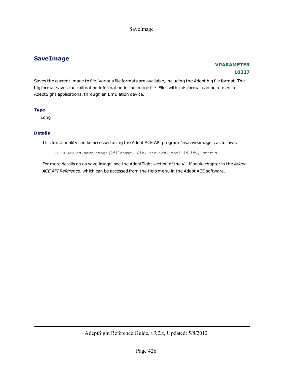 Saveimage | Adept AdeptSight Reference Guide User Manual | Page 426 / 579