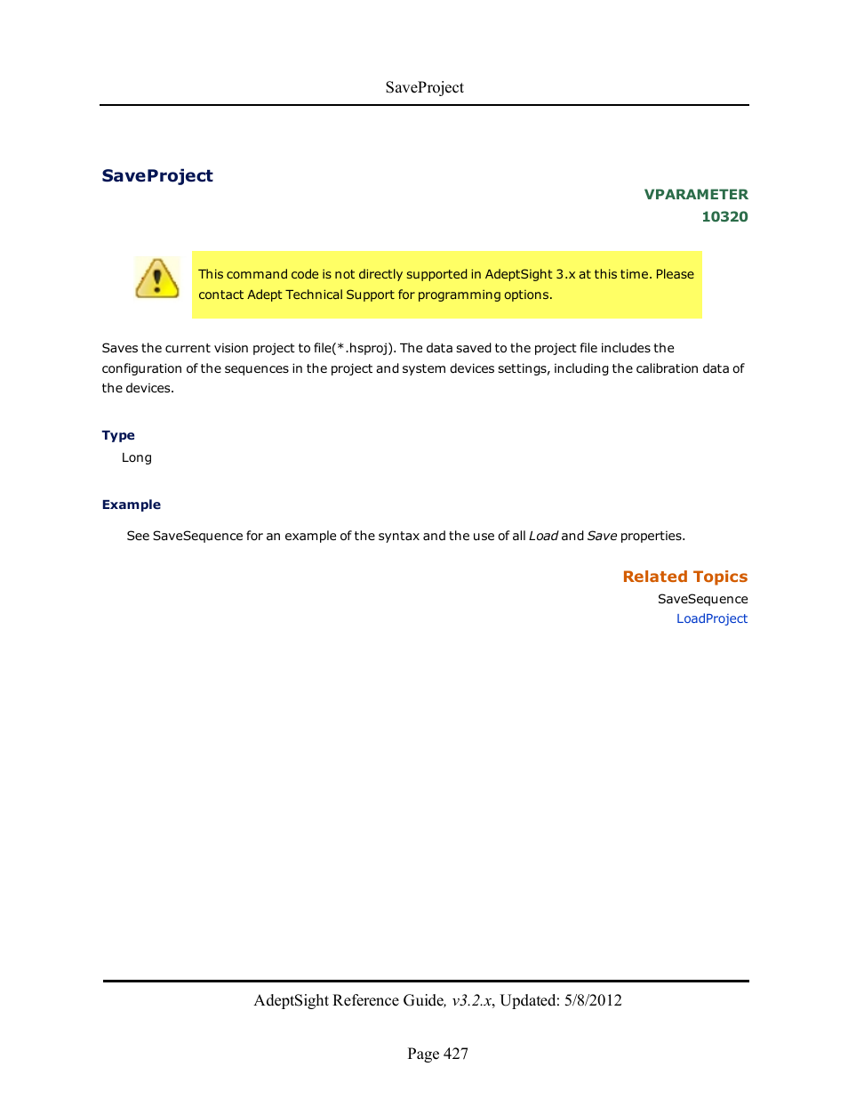 Saveproject | Adept AdeptSight Reference Guide User Manual | Page 427 / 579