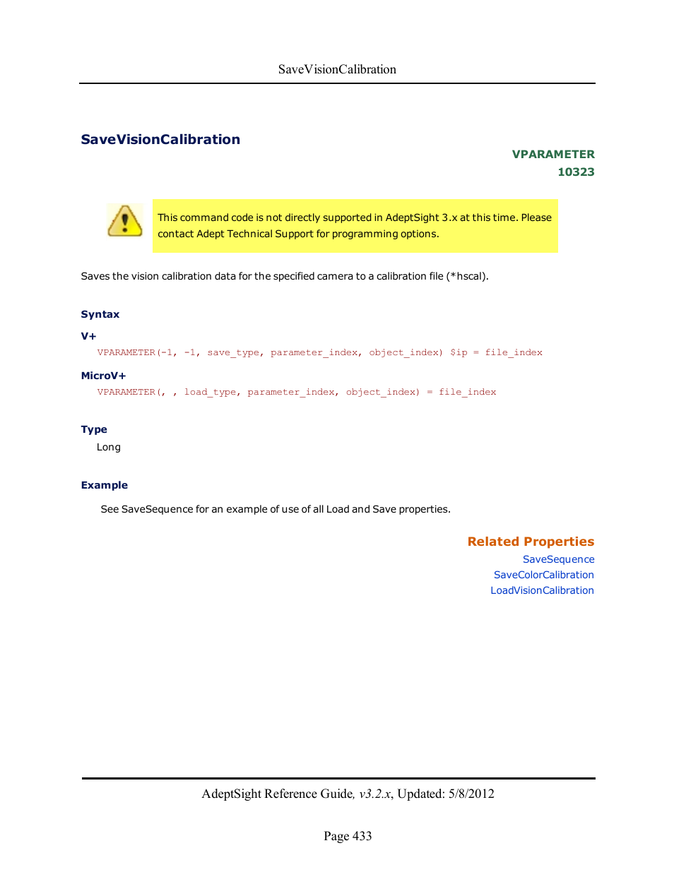 Savevisioncalibration | Adept AdeptSight Reference Guide User Manual | Page 433 / 579