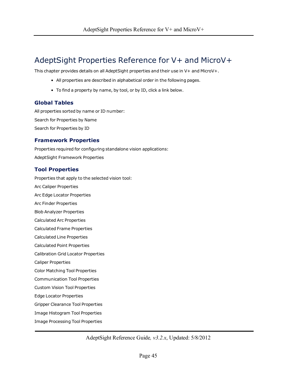 Adeptsight properties reference for v+ and microv | Adept AdeptSight Reference Guide User Manual | Page 45 / 579